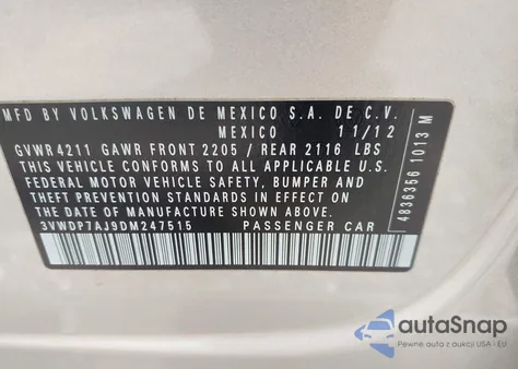 2013 Volkswagen Jetta 2.5L Se из США, поврежденный, VIN 3VWDP7AJ9DM247515